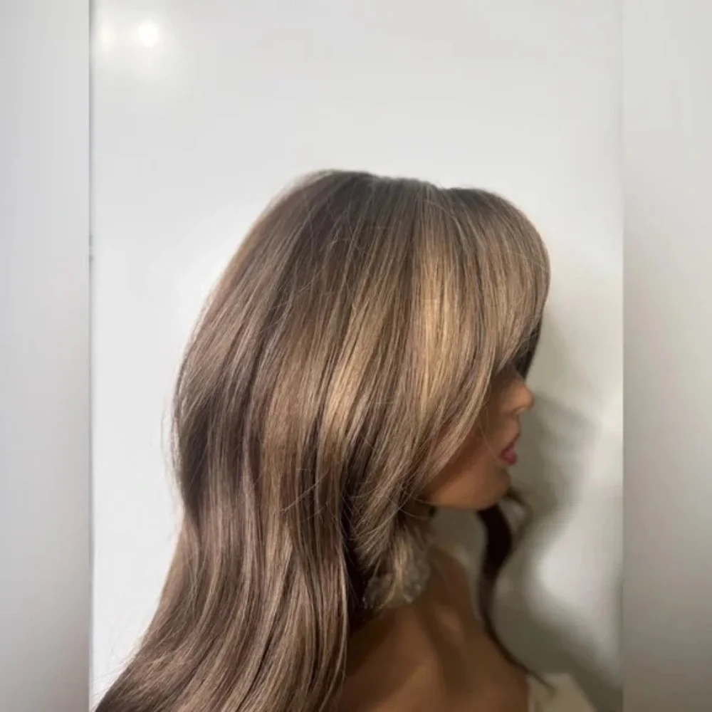 Long Wavy Wig with Curtain Bangs – Medium Brown with Soft Caramel Highlights - Picture 10 of 13